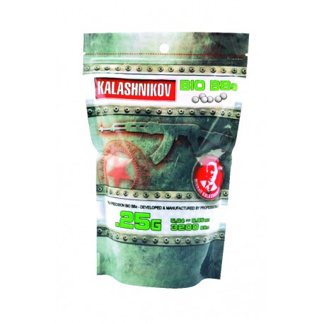 Billes airsoft biodégradables Kalashnikov 0.25g en sachet de 3200 billes de la marque Cybergun