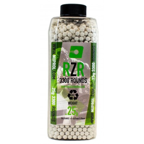 Billes airsoft RZR biodégradables 0.25 gramme en pot de 3300 billes de la marque Nuprol