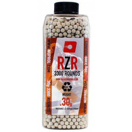 Billes airsoft RZR biodégradables 0.30 gramme en pot de 3300 billes de la marque Nuprol