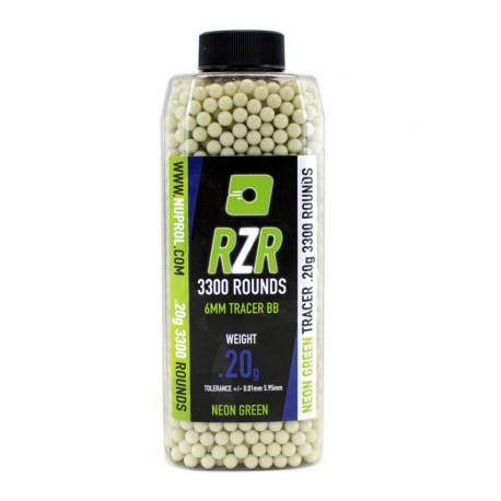 Billes airsoft RZR tracer verte 0.20 gramme en pot de 3300 billes de la marque Nuprol