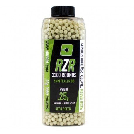 Billes airsoft RZR tracer verte 0.25 gramme en pot de 3300 billes de la marque Nuprol