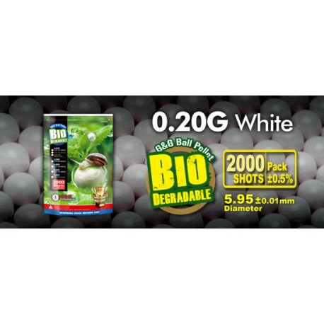 Bille airsoft biodégradable 0.20 gramme en sachet de 2000 billes de la marque G&G