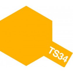 Peinture en spray pour maquette plastique. La couleur est TS34 Jaune camel brillant 100 ml de la marque Tamiya (85034)
