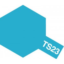 Peinture en spray pour maquette plastique. La couleur est TS23 Bleu clair brillant 100 ml de la marque Tamiya (85023)