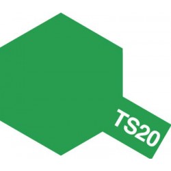 Peinture en spray pour maquette plastique. La couleur est TS20 Vert métal brillant 100 ml de la marque Tamiya (85020)