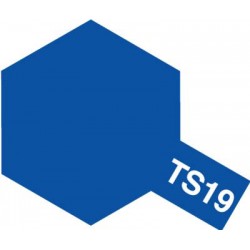 Peinture en spray pour maquette plastique. La couleur est TS19 Bleu métal brillant 100 ml de la marque Tamiya (85019)