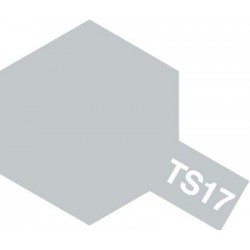 Peinture en spray pour maquette plastique. La couleur est TS17 Aluminium brillant 100 ml de la marque Tamiya (85017)