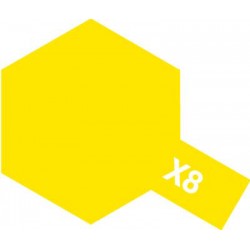 Peinture pour maquette plastique. La couleur est X8 Jaune citron brillant 10 ml de la marque Tamiya (81508)