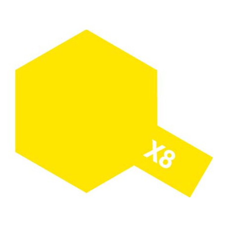 Peinture pour maquette plastique. La couleur est X8 Jaune citron brillant 10 ml de la marque Tamiya (81508)