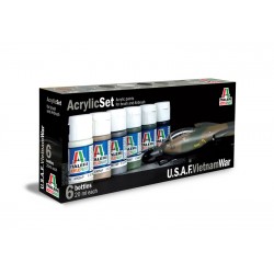 Set de peinture Avion USAF Vietman pour maquette. La contenance est de 6 flacons de 20 ml. La marque est Italeri (443AP)