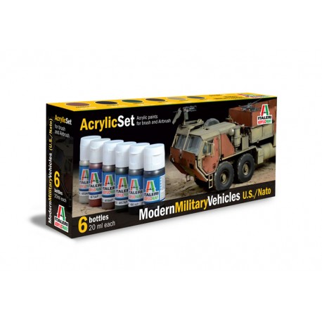 Set de peinture Véhicule militaire US pour maquette. La contenance est de 6 flacons de 20 ml. La marque est Italeri (442AP)