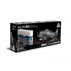 Set de peinture Avion US navy WWII pour maquette. La contenance est de 6 flacons de 20 ml. La marque est Italeri (439AP)