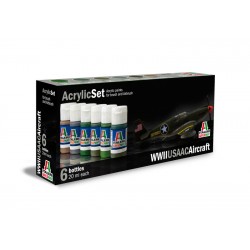 Set de peinture Avions USAAC WWII pour maquette. La contenance est de 6 flacons de 20 ml. La marque est Italeri (438AP)