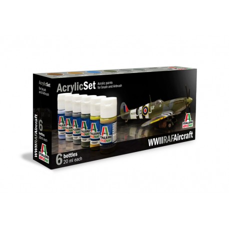 Set de peinture Avions RAF WWII pour maquette. La contenance est de 6 flacons de 20 ml. La marque est Italeri (432AP)