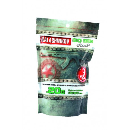 Billes airsoft biodégradables Kalashnikov 0.20g en sachet de 3200 billes de la marque Cybergun